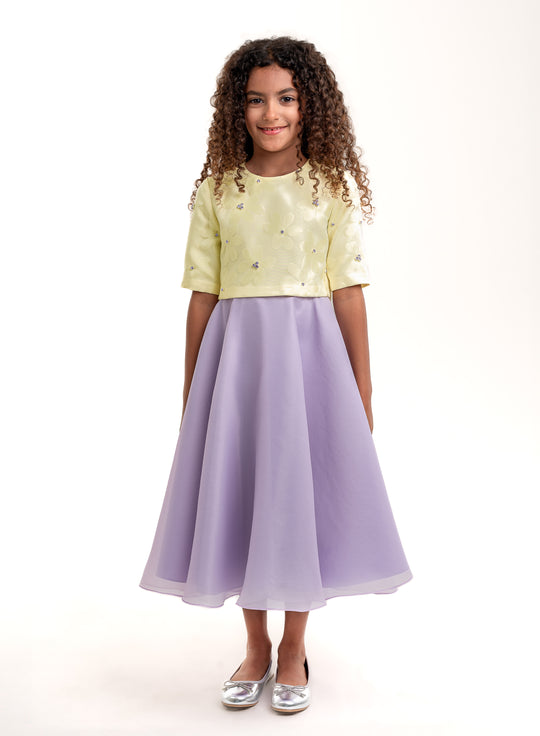 Girls' Yellow Floral Top with Lavender Skirt