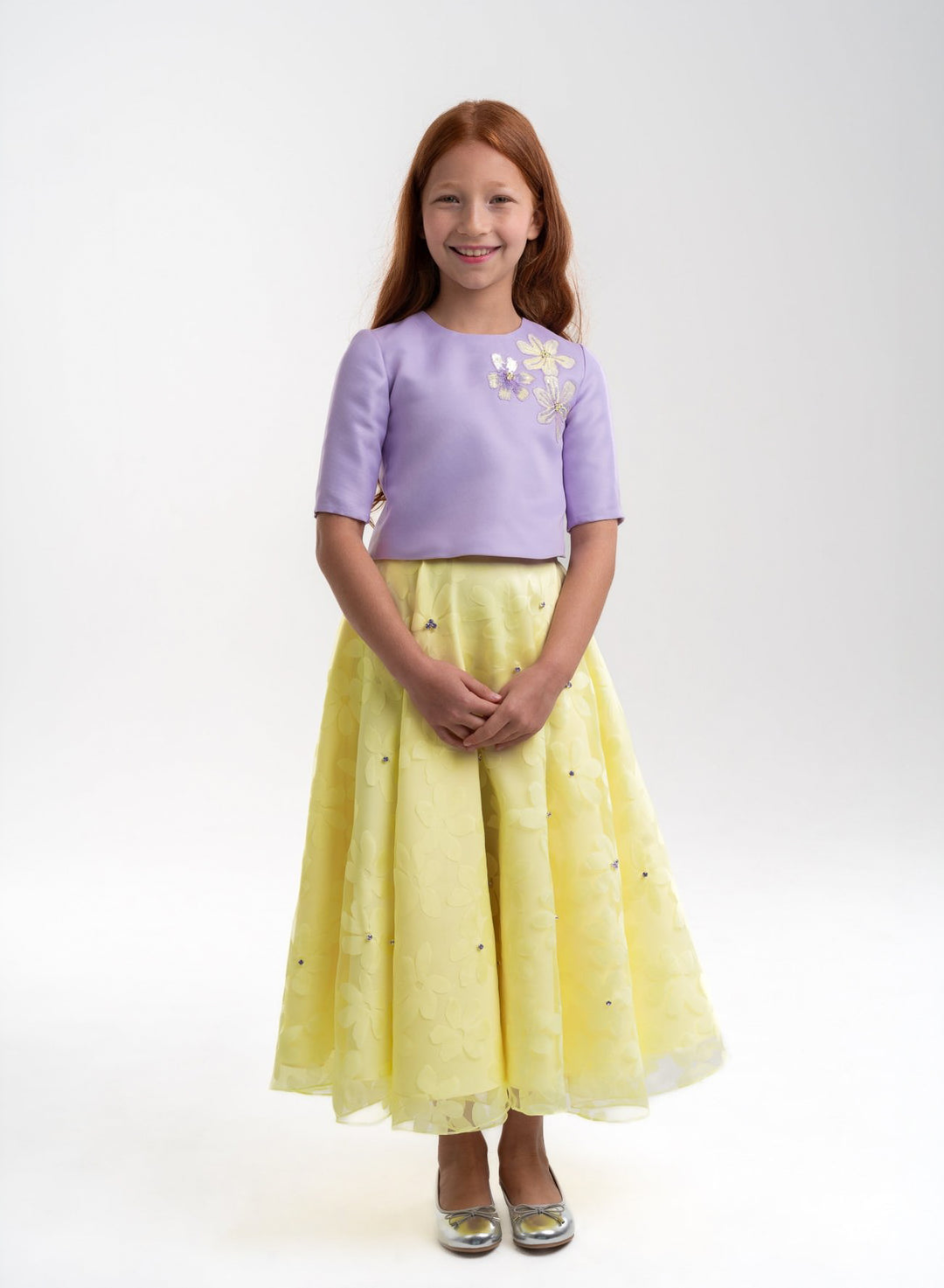 Girls' Lavender Top With Floral Yellow Skirt