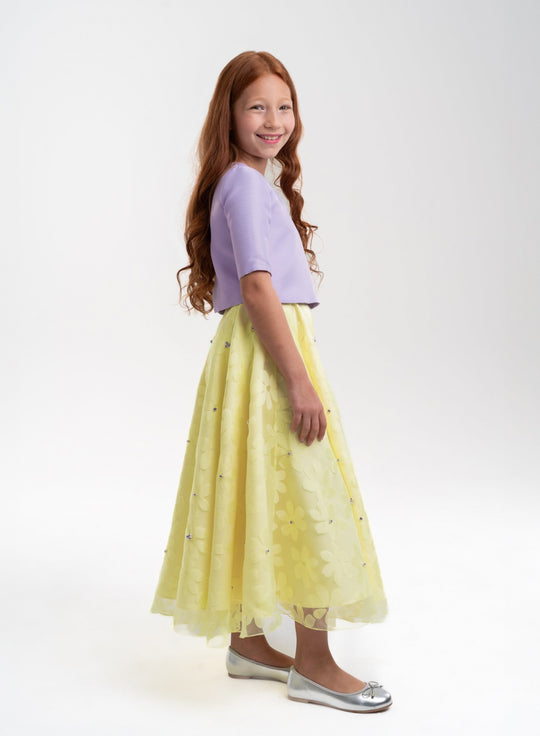 Girls' Lavender Top With Floral Yellow Skirt